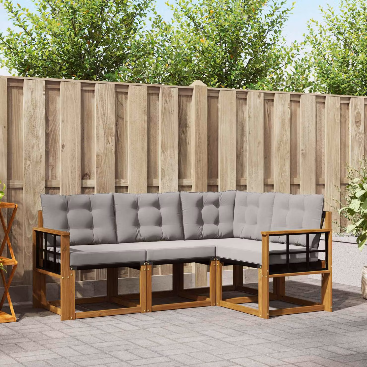 Set di divani da esterno vidaXL 4 pz a forma di L in legno di acacia trattato e tessuto textilene, colore grigio e marrone con cuscini inclusi