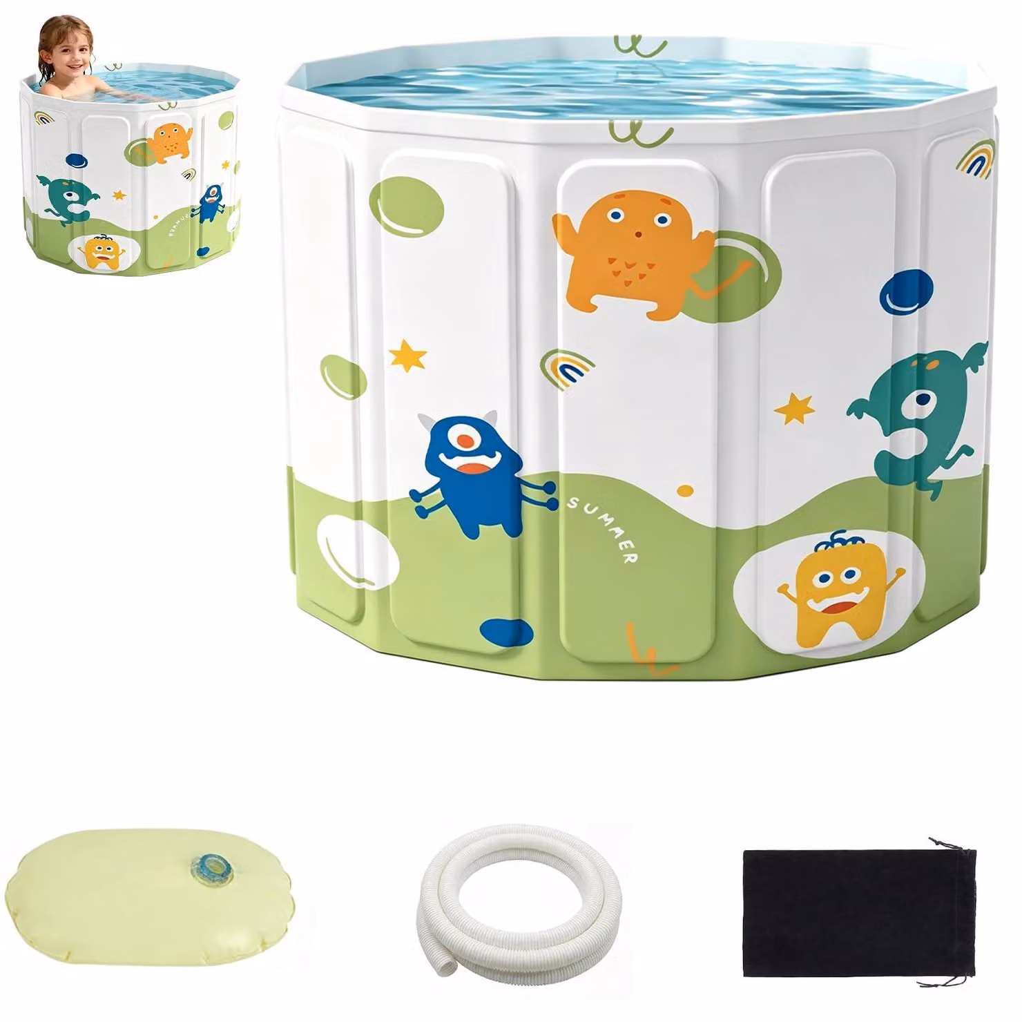 Vaschetta da bagno pieghevole con borsa portaoggetti e sistema di scarico, per bambini