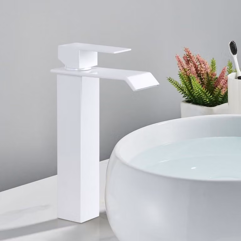 Miscelatore monocomando per lavabo, modello "waterfall" (effetto cascata), in acciaio inossidabile, colore bianco