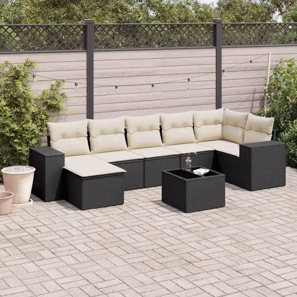 Set Divani da Giardino vidaXL a Forma di L con 8 Pezzi, Nero e Bianco, in Polyrattan con Cuscini e Tavolino da Caffè – 1