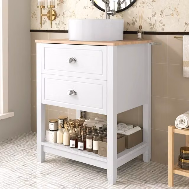 Mobile sottolavabo freestanding con lavabo rotondo in ceramica, due cassetti e vano a giorno, MDF bianco e effetto legno