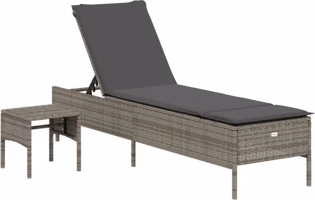 Lettino prendisole da giardino in polyrattan grigio con cuscino impermeabile, parasole e tavolino laterale