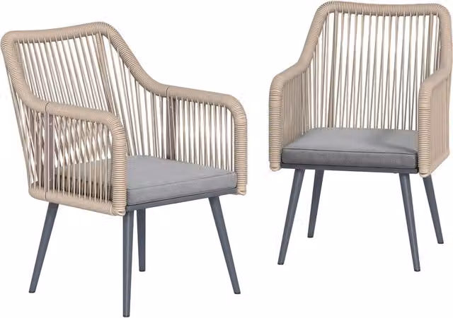 Set di 2 sedie da giardino Minimal con braccioli e cuscini in metallo e rattan grigio chiaro e beige