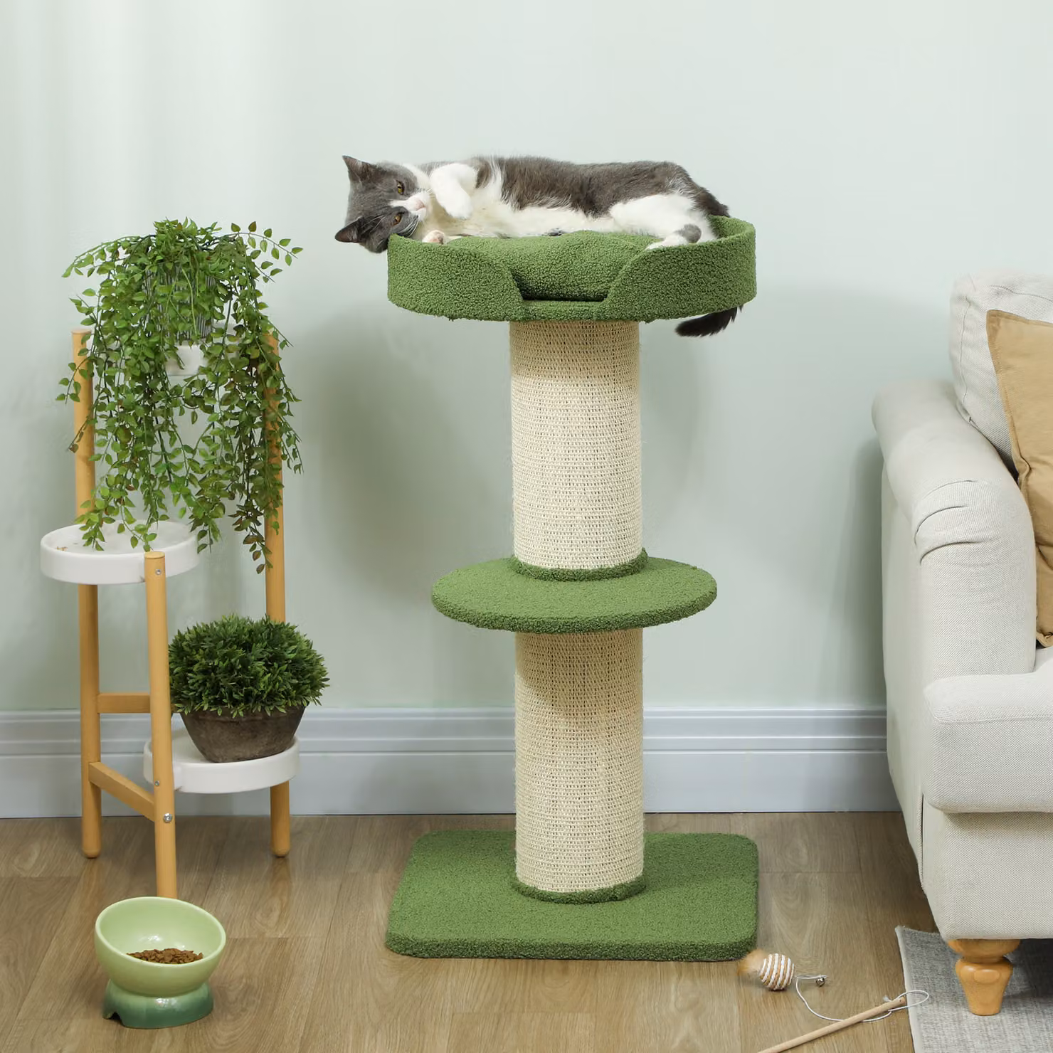 Albero per gatti PawHut con letto in lana d'agnello e tiragraffi in sisal, colore verde, Altezza: 91 cm – 2