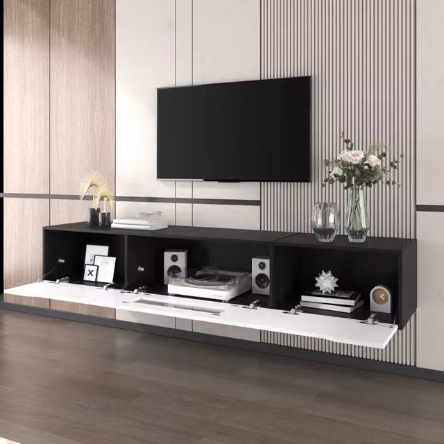 Mobile TV da soggiorno MIVRAY moderno con illuminazione LED integrata, finitura lucida in MDF e pannello truciolare, nero e bianco, L 180 x P 35 x H 30 cm