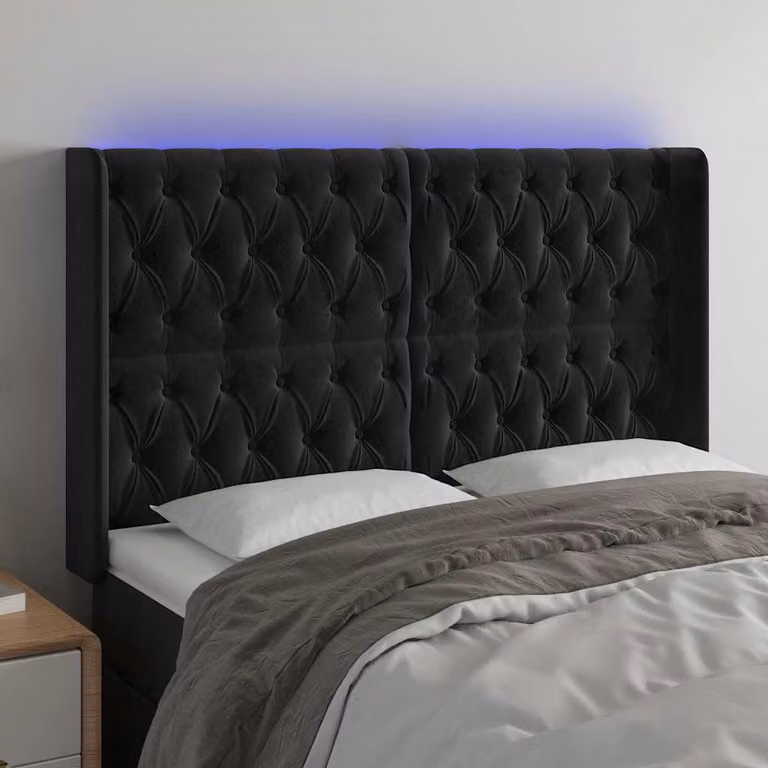 Testiera con LED e porta USB vidaXL in velluto nero L: 163 cm, P: 16 cm, H: 118/128 cm