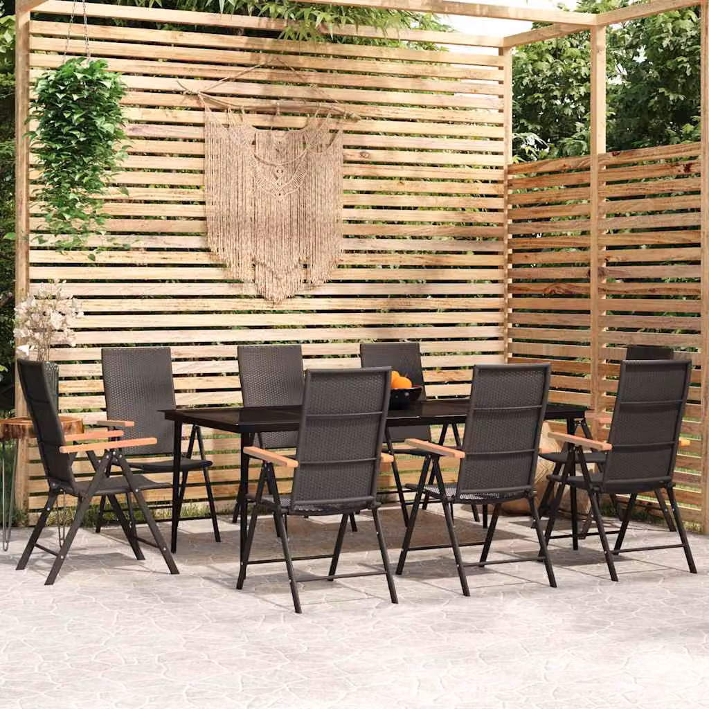Set da Pranzo per Giardino vidaXL in Metallo e Vetro con 9 Cuscini Nero
