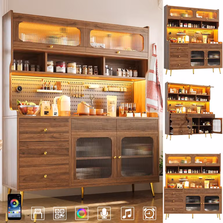 Mobile contenitore 145x39x171, con illuminazione LED e controllo tramite app, mobiletto alto, pannello forato, ripiani in vetro, cassetto, design moderno (verde)
