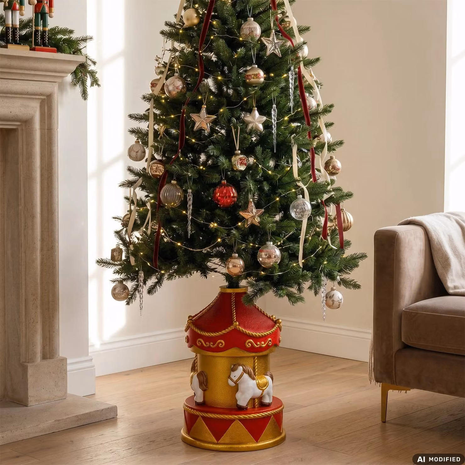 Base Albero di Natale Giostrina Decorativa con Cavalli Vestiamo Casa Gran Natale, Rosso e Oro, H: 54 cm, L: 33 cm, P: 33 cm – 2