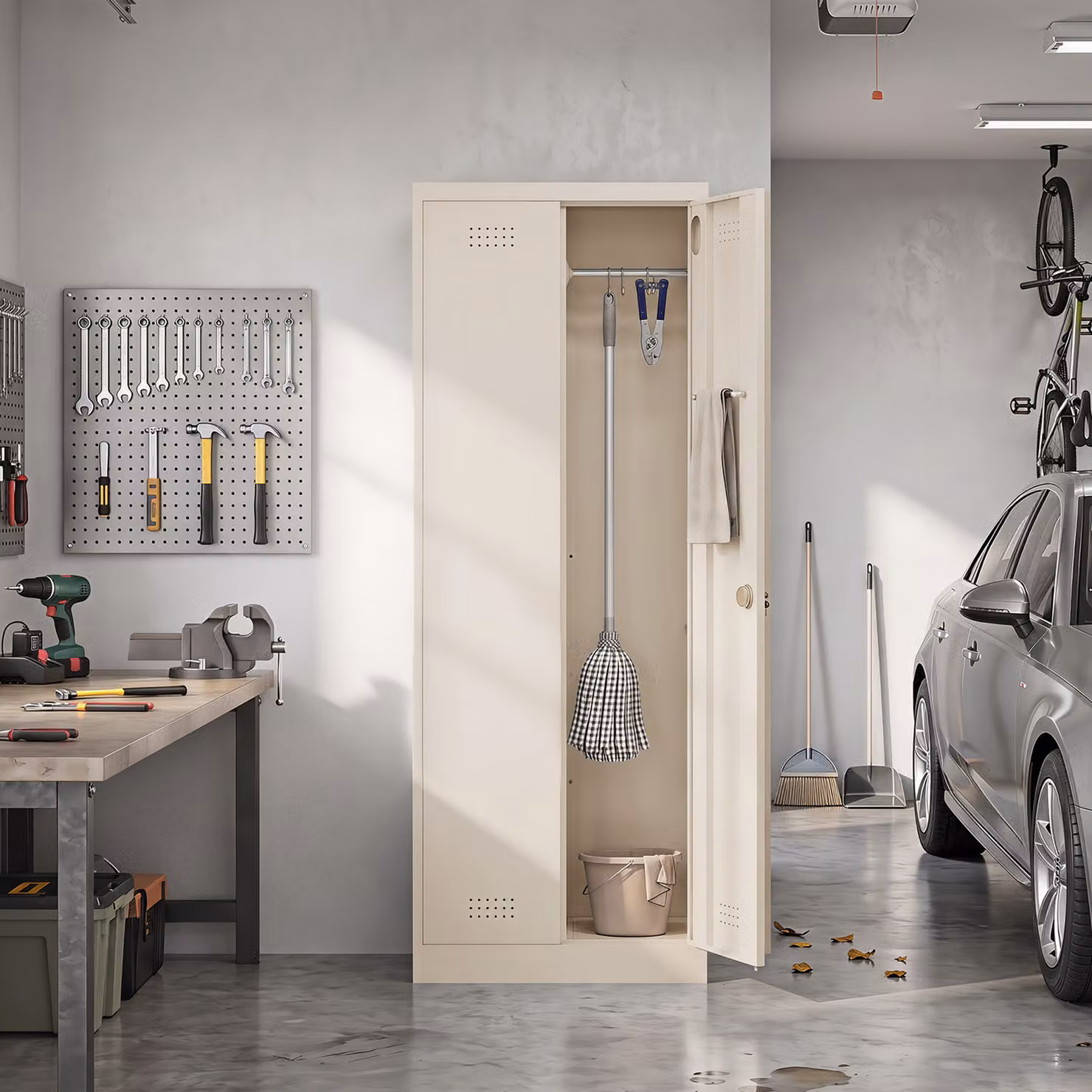 Armadio porta attrezzi HOMCOM in acciaio con serratura, ante a battente e ripiani regolabili, colore beige/crema – 2
