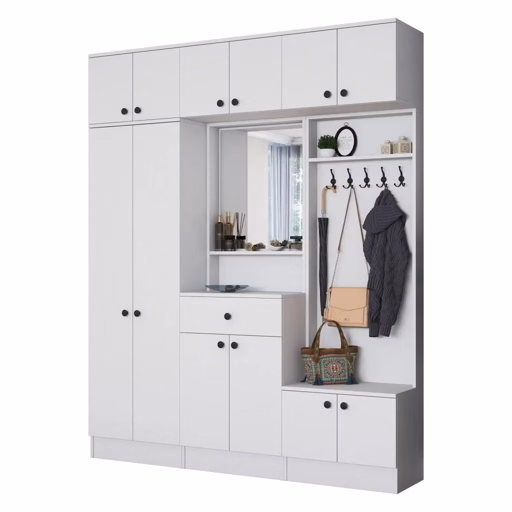 Torpenn, Mobile da Ingresso Moderno con Specchio e Ripiani Interni, Bianco, L: 180 cm, P: 36 cm, H: 226 cm – 2