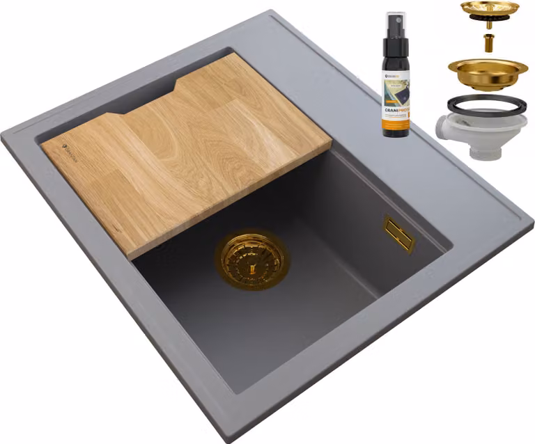 Granitan - Lavello in granito - Lavello da cucina - 56x50 cm - Grigio - con sifone e tagliere - Lavello - FOXAL