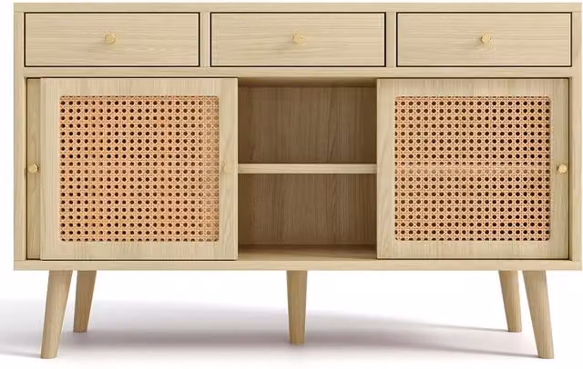 Credenza Aosom per Cucina o Soggiorno in Effetto Rovere con Dettagli in Rattan, 3 Cassetti e 3 Ante Scorrevoli e Maniglie in Metallo Dorato, Colore Beige e Marrone – 1