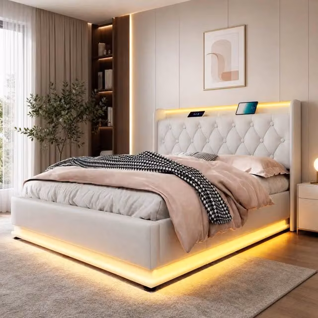 Letto matrimoniale imbottito 160 × 200 cm con contenitore in PU bianco led 360 gradi USB type c e rete a doghe