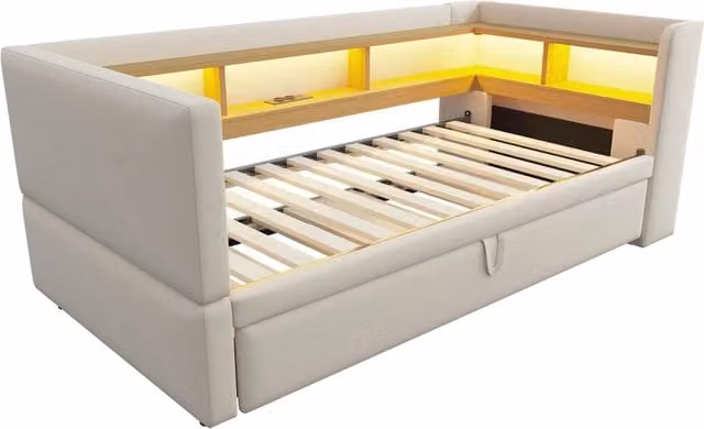 Divano Letto Imbottito Estraibile 90/180x190 cm con Illuminazione LED, Prese di Corrente e Spazi Portaoggetti, Tessuto in Flanella, Colore Bianco