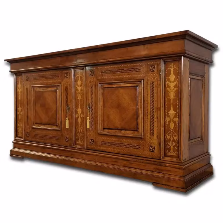 Credenza classica con 2 porte e intarsio in legno Bassano marrone Mobili 2G L: 230 cm, P: 68 cm, H: 115 cm