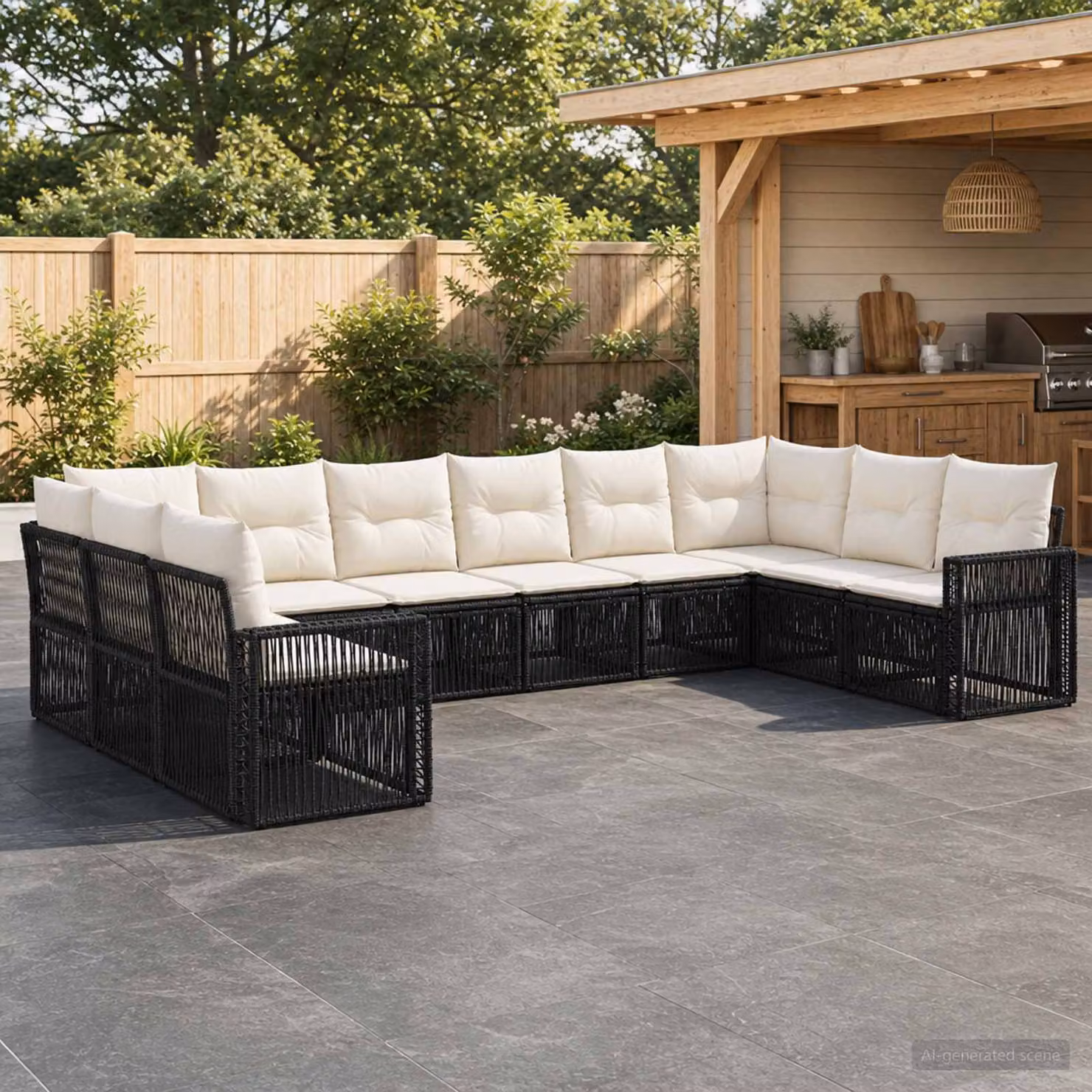 Set Divano da Giardino vidaXL a forma a U in Polyrattan con Cuscini, Nero e Bianco Crema