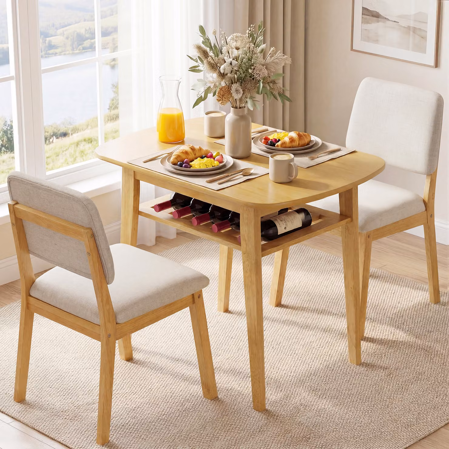 Set tavolo e 2 sedie Costway in legno naturale con sedute imbottite per soggiorno, balcone o sala da pranzo