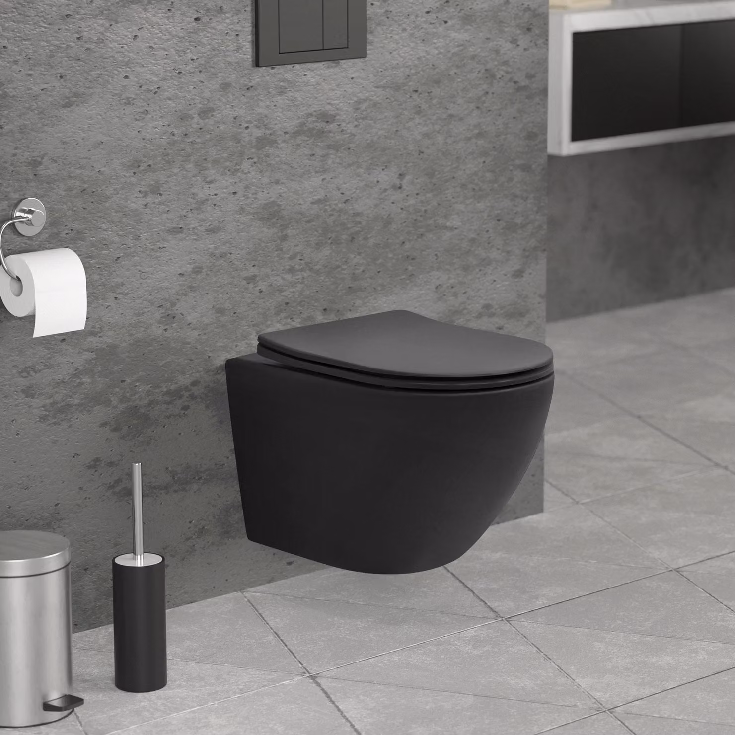 LuxeBath WC sospeso senza bordo corto 49 cm, nero opaco, WC con sedile estraibile in Duroplast con meccanismo soft-close, in Vetroceramica per sanitari