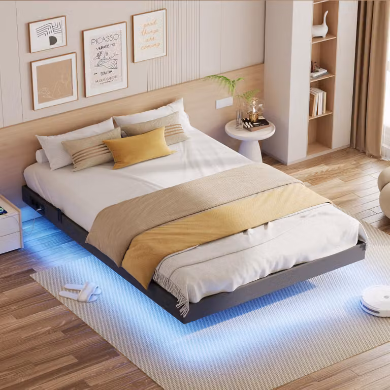 IRONCK, struttura letto 140x200 cm, letto sospeso con illuminazione LED, imbottita