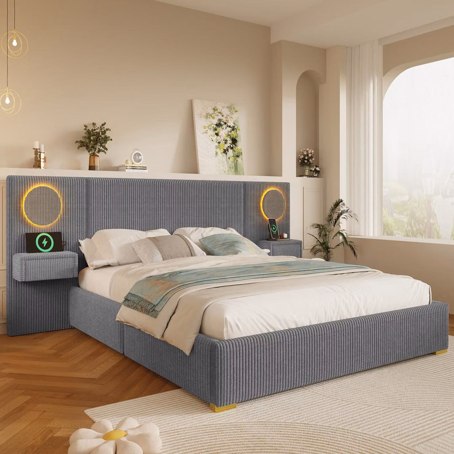 MODFU Letto matrimoniale imbottito 180x200, tessuto velluto, letto multifunzione con testiera LED e prese USB, struttura letto per ragazzi con cassetti portaoggetti laterali, colore grigio (senza materasso)