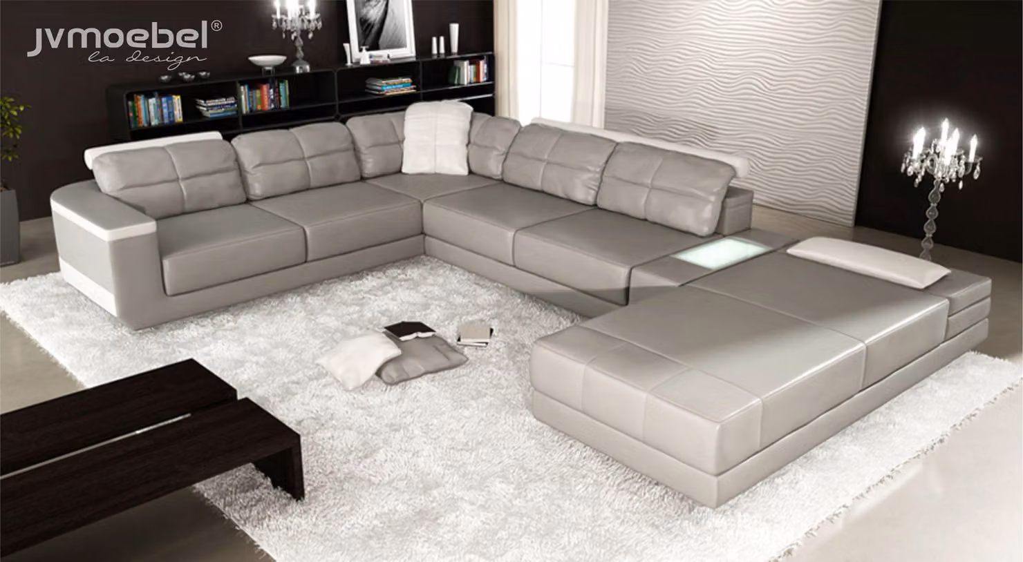 Wohnlandschaft Ecksofa Couch Grau Leder Polster Sitz Ecke Sofa U-Form Sofas