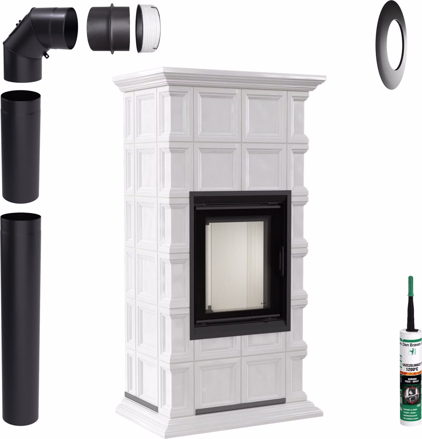 KRATKI stufa in maiolica NADIA 7kW Ø200 in legno bianco a libera installazione con accessori