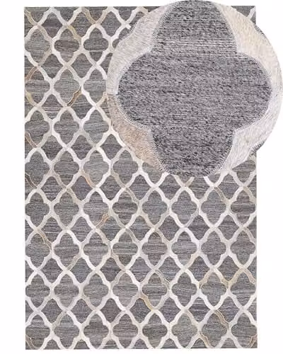 Tappeto Pelle Jacquard Grigio Beige Motivo a Quadrifoglio 140 x 200 cm