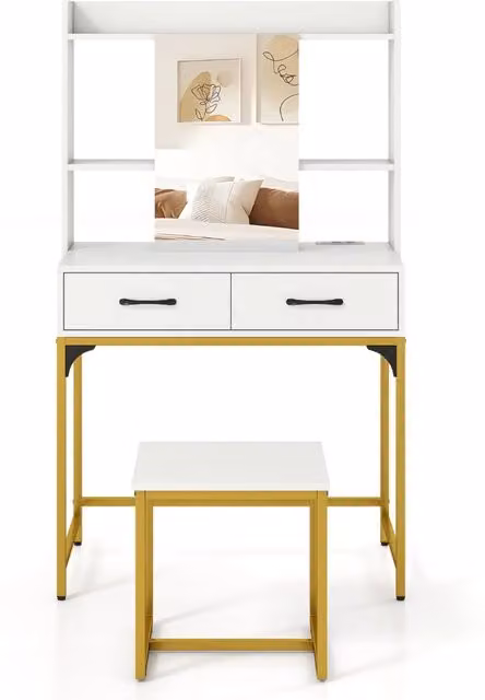 Tavolo da toeletta bianco con specchio triplice, cassetti e sgabello in stile minimalista – 1