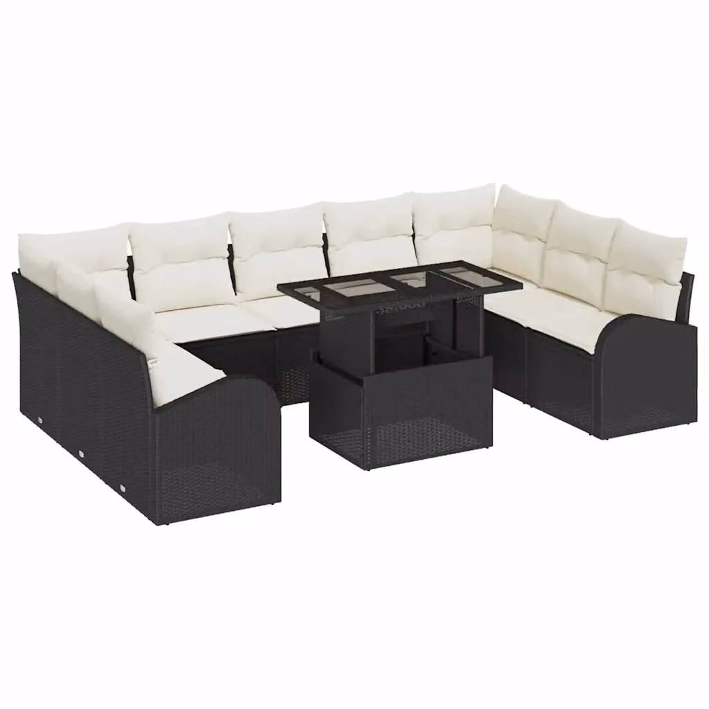 Set Divano da Giardino vidaXL 10 Pezzi in Polyrattan Nero e Beige con Cuscini e Tavolino da Esterno – 2