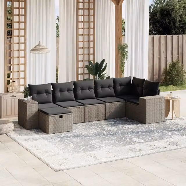 Set Divani da Giardino a L vidaXL 7 Pezzi con Cuscini Grigio Chiaro in Polyrattan e Metallo – 1