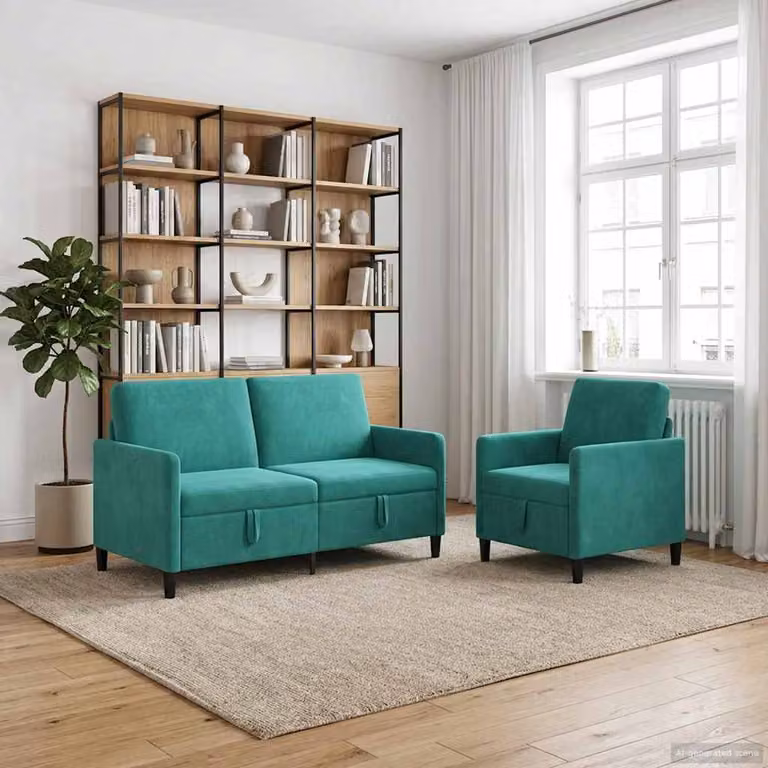 Set di 2 divani moderni vidaXL con contenitore, rivestimento in tessuto turchese e nero, seduta con apertura a sollevamento per il soggiorno