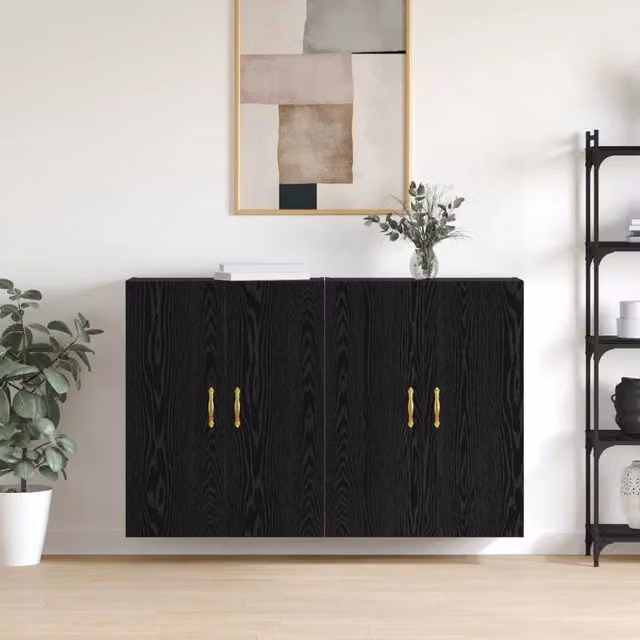 Set di 2 mobiletti a muro moderni vidaXL in legno rovere nero opaco, L: 69,5 cm, P: 34 cm, H: 90 cm