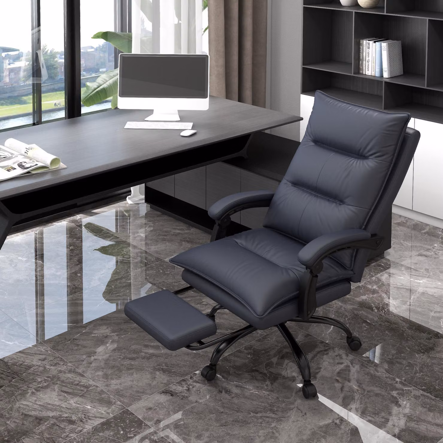 sedia da ufficio okwish, letto imbottito con funzione massaggio, sedia girevole da lavoro, sedia da scrittura con schienale inclinabile a 155°, sedia girevole con poggiapiedi, grigio scuro