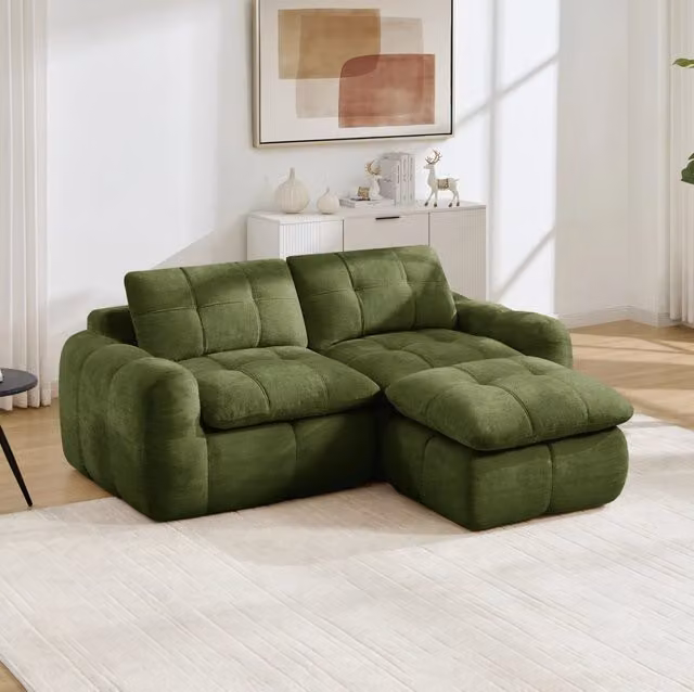 Divano modulare a L 194x160 cm verde in ciniglia con pouf incluso