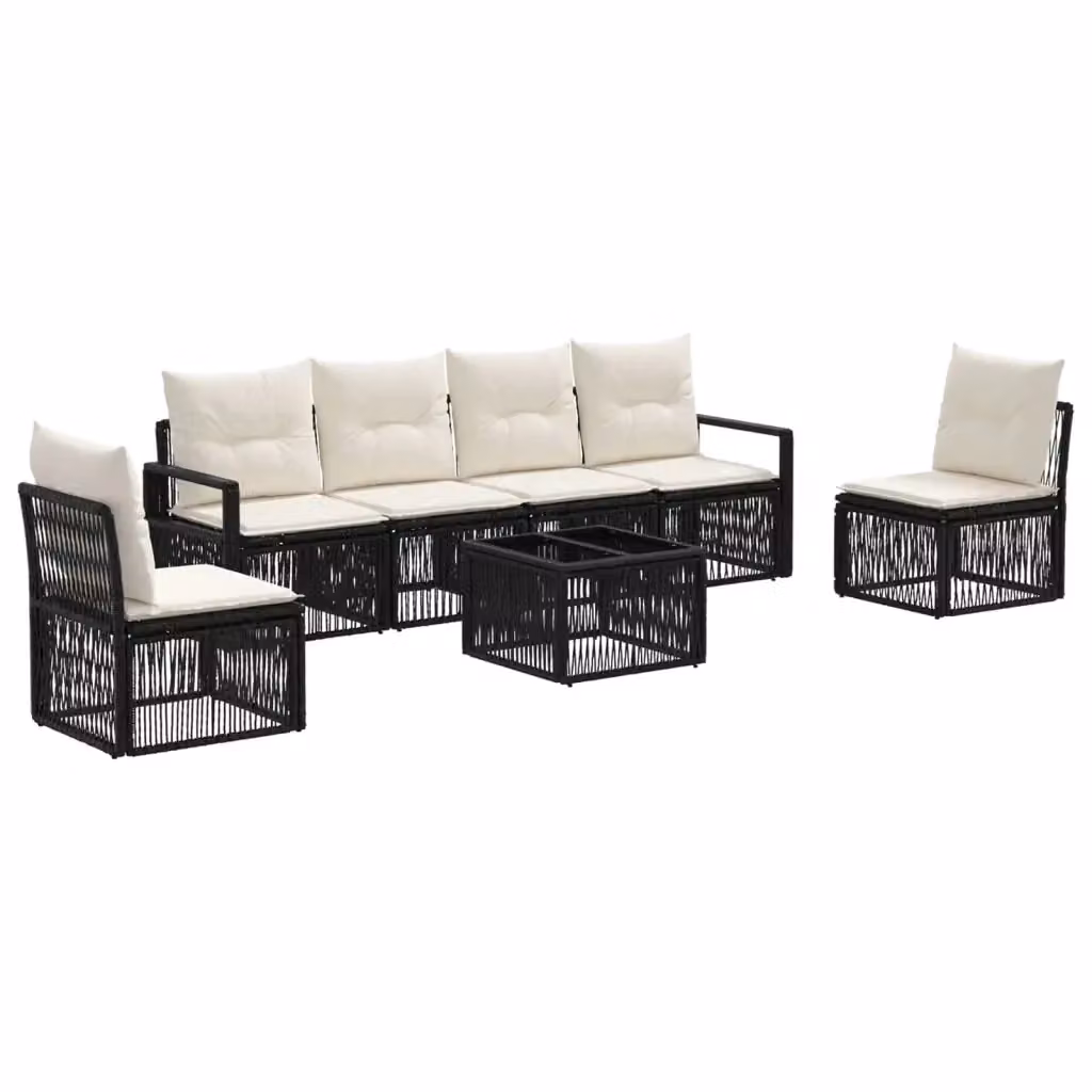 Set da giardino moderno vidaXL composto da 7 pezzi in rattan nero con divano a 3 posti, poltrone, tavolino da caffè e cuscini imbottiti con coperture rimovibili – 2