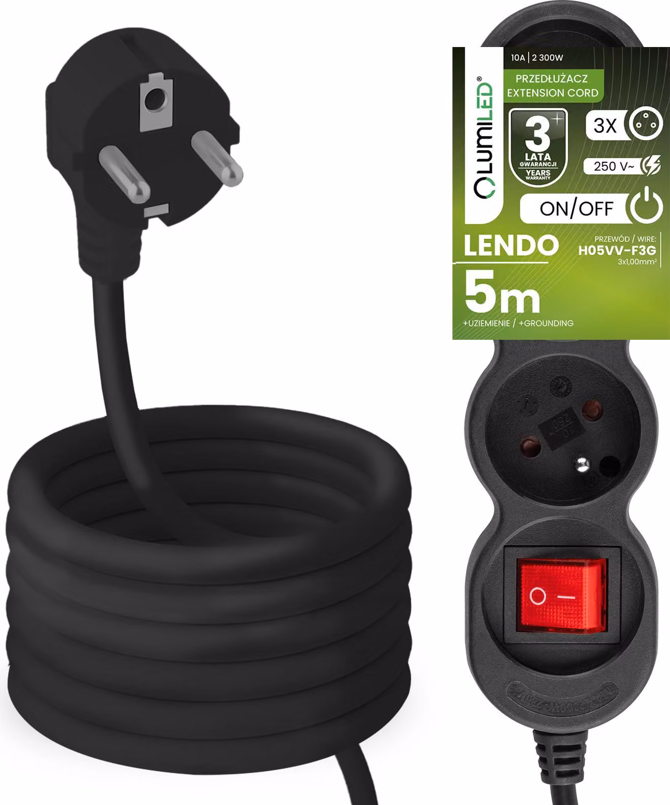 Presa multipla LUMILED con interruttore ON/OFF Presa a 3 vie tipo E, cavo da 5 m H05VV-F3G nero Presa multipla E 10A 2300W 250V IP20 Staffa di fissaggio