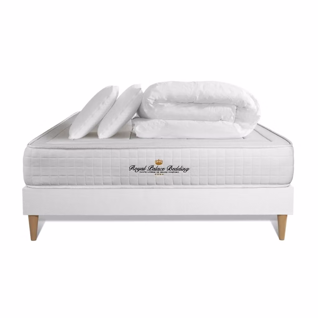 Set letto completo Royal Place con materasso in memory foam, box spring con doghe, 2 cuscini e piumino, colore bianco, L/P/H: 200 x 200 cm – 2