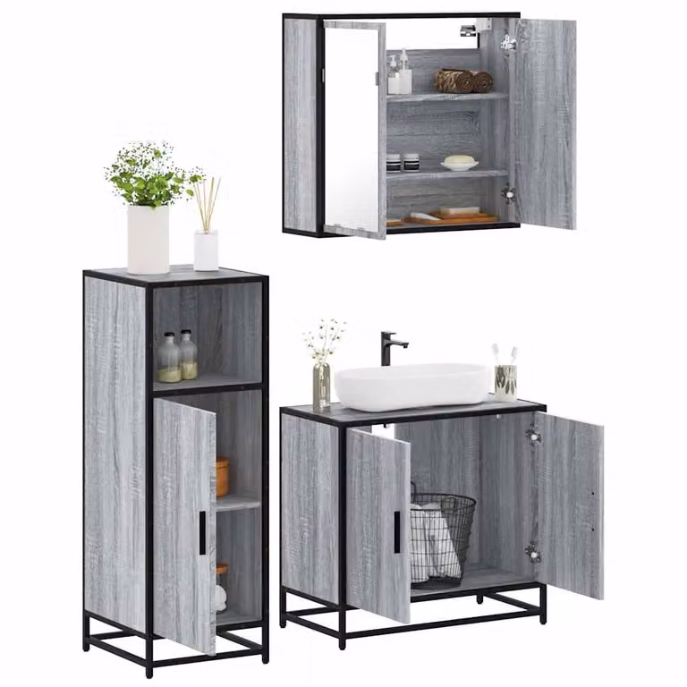 Set di mobili da bagno industrial vidaXL in 3 pezzi colore grigio con armadietto specchio, mobile lavabo e mobile laterale in legno e metallo