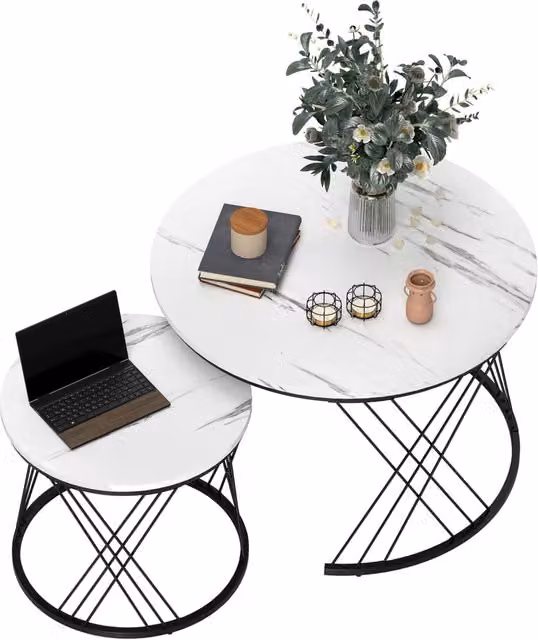 Set di 2 Tavolini da Salotto Sovrapponibili Rotondi Effetto Marmo Bianco e Metallo Design Moderno Salvaspazio per Casa
