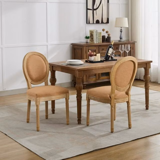 Sedia da sala da pranzo OKWISH in lino marrone chiaro con struttura in legno massello e stile classico