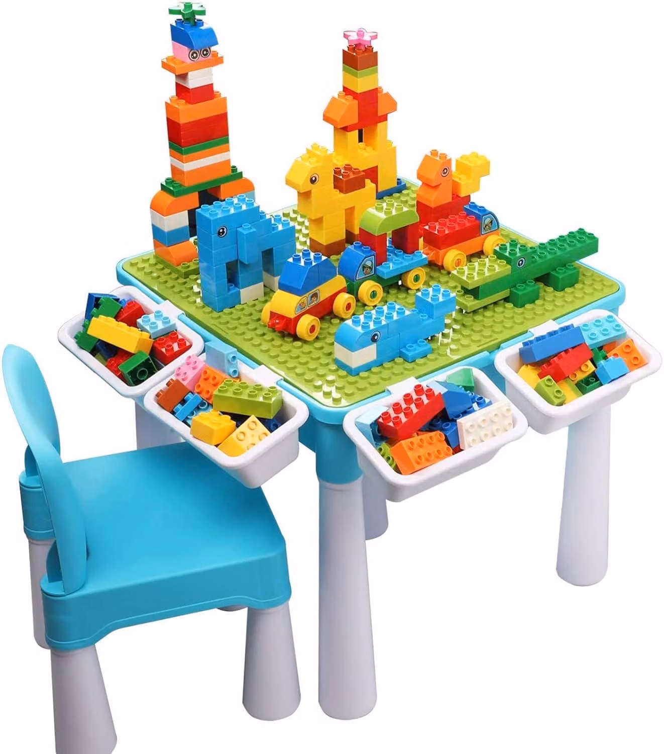 Tavolo da gioco multifunzionale per bambini, 5-in-1, con 128 grandi blocchi da costruzione, base verde, comprensivo di sedia e