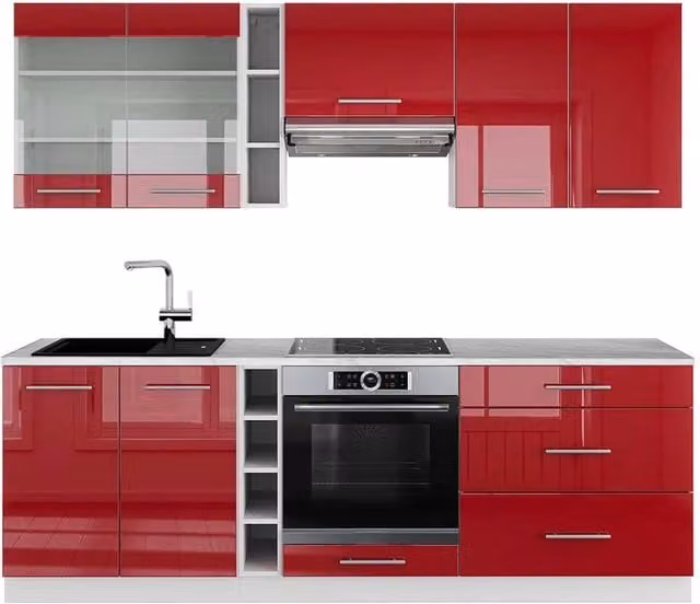 Cucina componibile moderna Fame-Line Vicco Bordeaux lucido e Bianco con piano in marmo, L: 235 cm, H: 185 cm, P: 60 cm