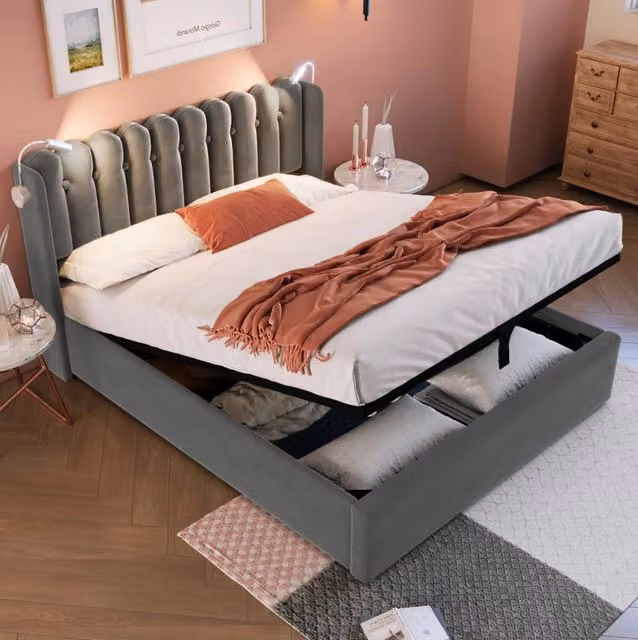 Letto matrimoniale contenitore 140x200 cm in velluto grigio con luce da lettura e USB