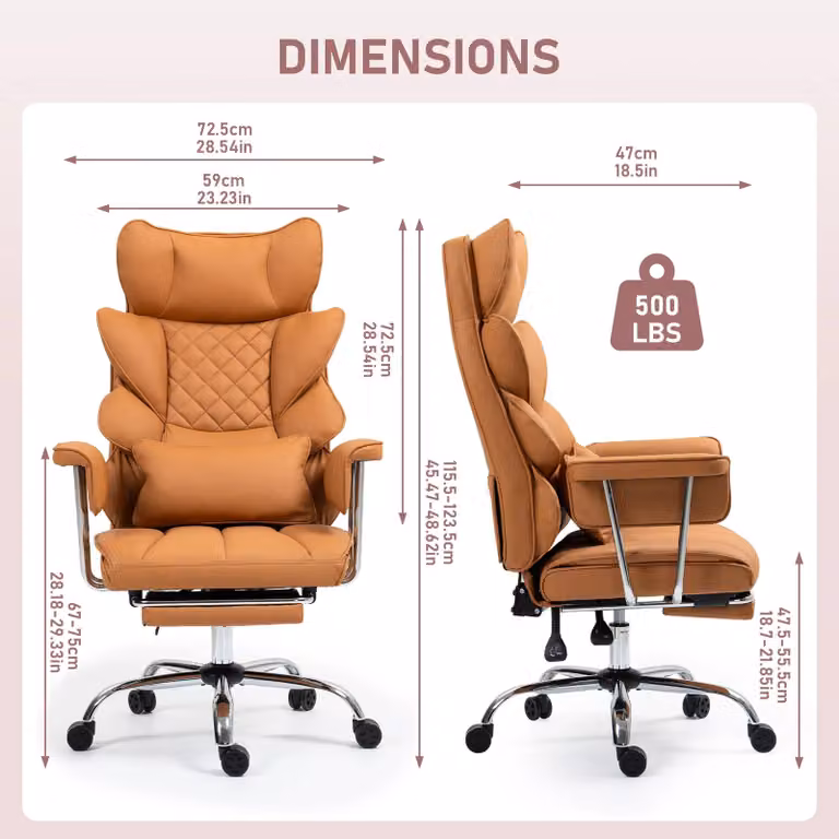 Poltrona ergonomica da ufficio, adatta anche per il gaming - Rivestita in vera pelle - Regolabile in altezza - Girevole - Con poggiapiedi - Struttura in metallo - Colore marrone