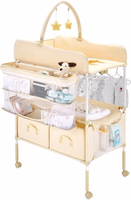 Fasciatoio Pieghevole per Casa CT-07 Portatile Regolabile con Ruote e 2 Cassetti in Tessuto Beige Chiaro
