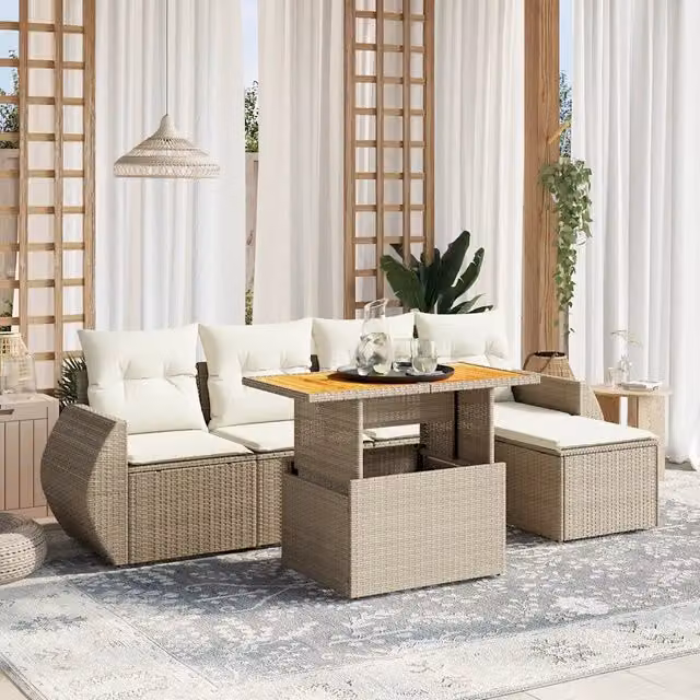 Set Divano da Giardino a L vidaXL in Polyrattan con Cuscini Beige e Tavolino, 6 Pezzi – 1