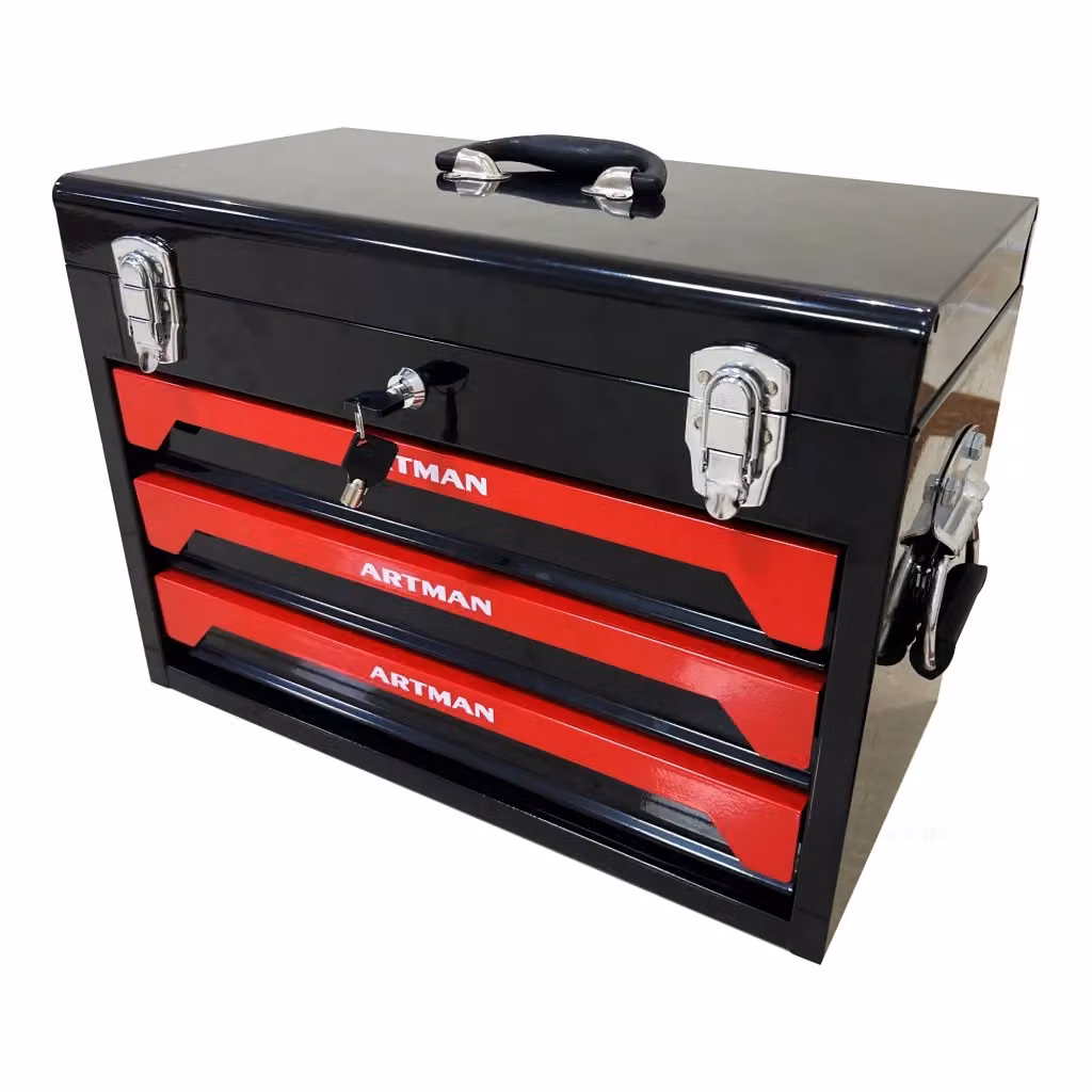 Cassettiera portautensili in acciaio con 3 cassetti e guide a sfere, piano superiore, nero e rosso, L: 50 cm, P: 27 cm, H: 35 cm – 2