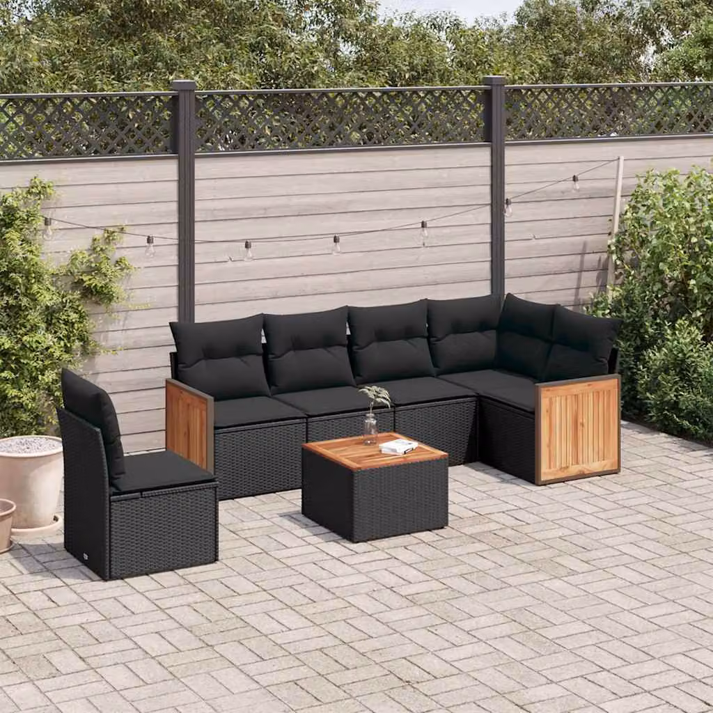 Set Divani da Giardino a L vidaXL in Polyrattan Nero con 7 Cuscini e Tavolino da Esterno – 1
