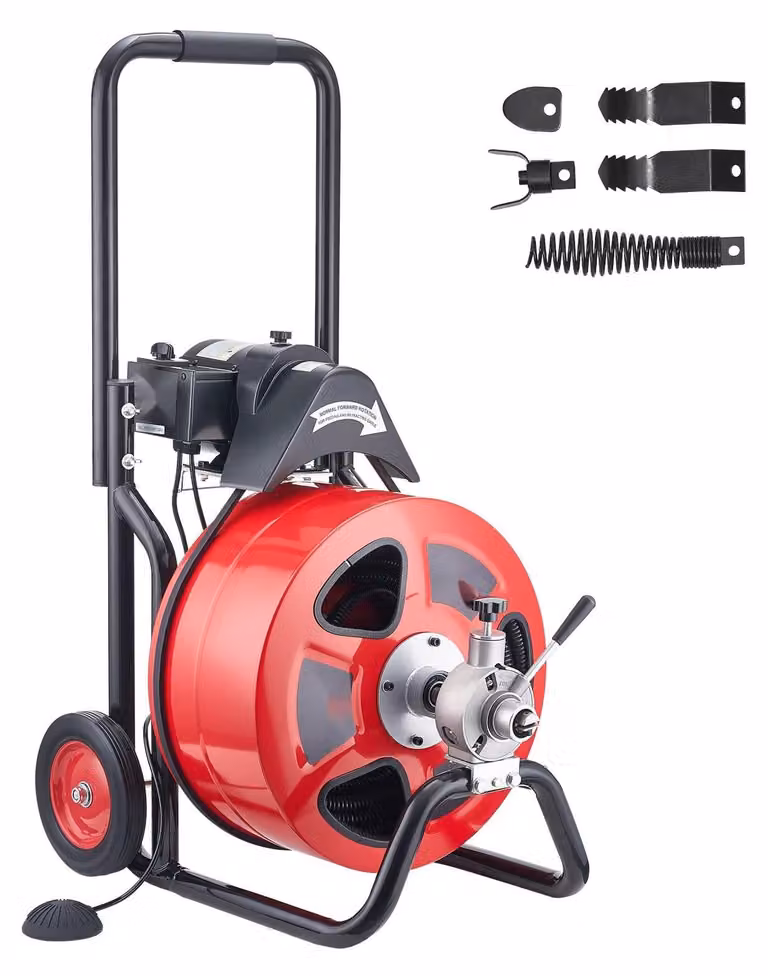 Macchina per la pulizia dei tubi - Pulitore elettrico per scarichi con tamburo - Avanzamento automatico - Spirale da 30 m x 19 mm - Per tubi da 100-200 mm - Con ruote di trasporto - Per WC e lavandini
